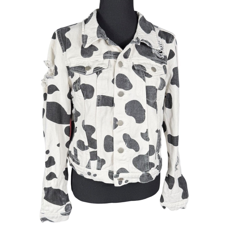 SHEIN Womens Black White Cow‎ Print Distressed Denim Jacket Western Size L